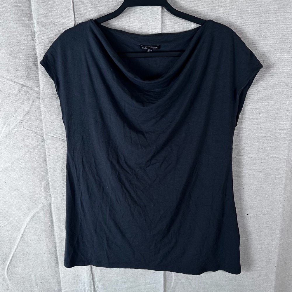 Eileen Fisher Black Rayon Lycra Cowl Neck Cap Sleeve Top XS Made in USA